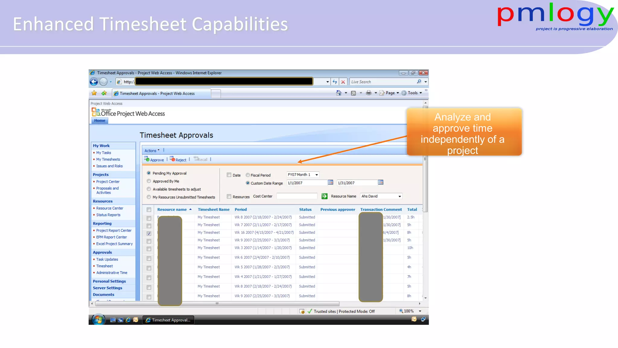 Analyze and
approve time
independently of a
project
Enhanced Timesheet Capabilities
 