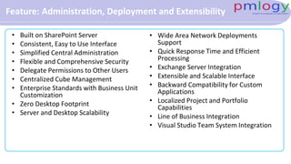 Feature: Administration, Deployment and Extensibility
• Built on SharePoint Server
• Consistent, Easy to Use Interface
• Simplified Central Administration
• Flexible and Comprehensive Security
• Delegate Permissions to Other Users
• Centralized Cube Management
• Enterprise Standards with Business Unit
Customization
• Zero Desktop Footprint
• Server and Desktop Scalability
• Wide Area Network Deployments
Support
• Quick Response Time and Efficient
Processing
• Exchange Server Integration
• Extensible and Scalable Interface
• Backward Compatibility for Custom
Applications
• Localized Project and Portfolio
Capabilities
• Line of Business Integration
• Visual Studio Team System Integration
 