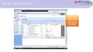 Commitments
can be created
before any
tasks exist in
the project
Manage Tasks and Work
 