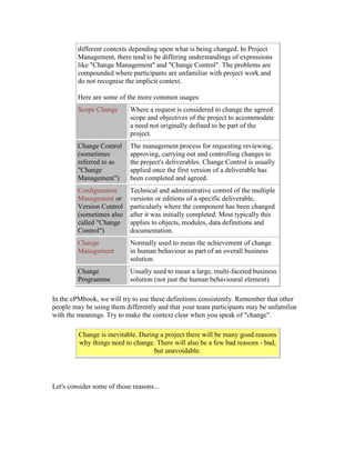different contexts depending upon what is being changed. In Project
Management, there tend to be differing understandings of expressions
like "Change Management" and "Change Control". The problems are
compounded where participants are unfamiliar with project work and
do not recognise the implicit context.
Here are some of the more common usages:
Scope Change Where a request is considered to change the agreed
scope and objectives of the project to accommodate
a need not originally defined to be part of the
project.
Change Control
(sometimes
referred to as
"Change
Management")
The management process for requesting reviewing,
approving, carrying out and controlling changes to
the project's deliverables. Change Control is usually
applied once the first version of a deliverable has
been completed and agreed.
Configuration
Management or
Version Control
(sometimes also
called "Change
Control")
Technical and administrative control of the multiple
versions or editions of a specific deliverable,
particularly where the component has been changed
after it was initially completed. Most typically this
applies to objects, modules, data definitions and
documentation.
Change
Management
Normally used to mean the achievement of change
in human behaviour as part of an overall business
solution.
Change
Programme
Usually used to mean a large, multi-faceted business
solution (not just the human behavioural element).
In the ePMbook, we will try to use these definitions consistently. Remember that other
people may be using them differently and that your team participants may be unfamiliar
with the meanings. Try to make the context clear when you speak of "change".
Change is inevitable. During a project there will be many good reasons
why things need to change. There will also be a few bad reasons - bad,
but unavoidable.
Let's consider some of those reasons...
 