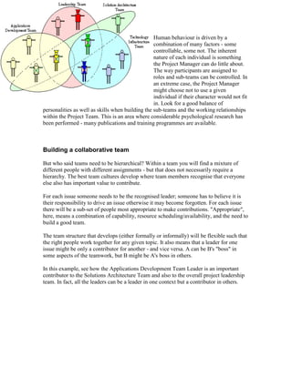 Human behaviour is driven by a
combination of many factors - some
controllable, some not. The inherent
nature of each individual is something
the Project Manager can do little about.
The way participants are assigned to
roles and sub-teams can be controlled. In
an extreme case, the Project Manager
might choose not to use a given
individual if their character would not fit
in. Look for a good balance of
personalities as well as skills when building the sub-teams and the working relationships
within the Project Team. This is an area where considerable psychological research has
been performed - many publications and training programmes are available.
Building a collaborative team
But who said teams need to be hierarchical? Within a team you will find a mixture of
different people with different assignments - but that does not necessarily require a
hierarchy. The best team cultures develop where team members recognise that everyone
else also has important value to contribute.
For each issue someone needs to be the recognised leader; someone has to believe it is
their responsibility to drive an issue otherwise it may become forgotten. For each issue
there will be a sub-set of people most appropriate to make contributions. "Appropriate",
here, means a combination of capability, resource scheduling/availability, and the need to
build a good team.
The team structure that develops (either formally or informally) will be flexible such that
the right people work together for any given topic. It also means that a leader for one
issue might be only a contributor for another - and vice versa. A can be B's "boss" in
some aspects of the teamwork, but B might be A's boss in others.
In this example, see how the Applications Development Team Leader is an important
contributor to the Solutions Architecture Team and also to the overall project leadership
team. In fact, all the leaders can be a leader in one context but a contributor in others.
 