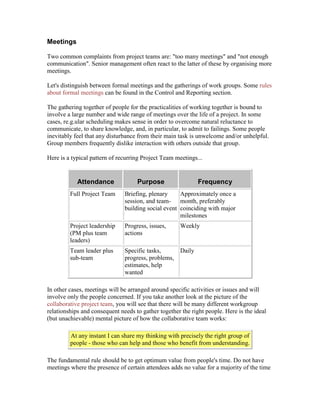 Meetings
Two common complaints from project teams are: "too many meetings" and "not enough
communication". Senior management often react to the latter of these by organising more
meetings.
Let's distinguish between formal meetings and the gatherings of work groups. Some rules
about formal meetings can be found in the Control and Reporting section.
The gathering together of people for the practicalities of working together is bound to
involve a large number and wide range of meetings over the life of a project. In some
cases, re.g.ular scheduling makes sense in order to overcome natural reluctance to
communicate, to share knowledge, and, in particular, to admit to failings. Some people
inevitably feel that any disturbance from their main task is unwelcome and/or unhelpful.
Group members frequently dislike interaction with others outside that group.
Here is a typical pattern of recurring Project Team meetings...
Attendance Purpose Frequency
Full Project Team Briefing, plenary
session, and team-
building social event
Approximately once a
month, preferably
coinciding with major
milestones
Project leadership
(PM plus team
leaders)
Progress, issues,
actions
Weekly
Team leader plus
sub-team
Specific tasks,
progress, problems,
estimates, help
wanted
Daily
In other cases, meetings will be arranged around specific activities or issues and will
involve only the people concerned. If you take another look at the picture of the
collaborative project team, you will see that there will be many different workgroup
relationships and consequent needs to gather together the right people. Here is the ideal
(but unachievable) mental picture of how the collaborative team works:
At any instant I can share my thinking with precisely the right group of
people - those who can help and those who benefit from understanding.
The fundamental rule should be to get optimum value from people's time. Do not have
meetings where the presence of certain attendees adds no value for a majority of the time
 