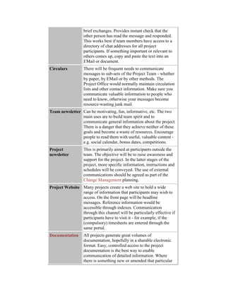 brief exchanges. Provides instant check that the
other person has read the message and responded.
This works best if team members have access to a
directory of chat addresses for all project
participants. If something important or relevant to
others comes up, copy and paste the text into an
EMail or document.
Circulars There will be frequent needs to communicate
messages to sub-sets of the Project Team - whether
by paper, by EMail or by other methods. The
Project Office would normally maintain circulation
lists and other contact information. Make sure you
communicate valuable information to people who
need to know, otherwise your messages become
resource-wasting junk mail.
Team newsletter Can be motivating, fun, informative, etc. The two
main uses are to build team spirit and to
communicate general information about the project.
There is a danger that they achieve neither of these
goals and become a waste of resources. Encourage
people to read them with useful, valuable content -
e.g. social calendar, bonus dates, competitions.
Project
newsletter
This is primarily aimed at participants outside the
team. The objective will be to raise awareness and
support for the project. In the latter stages of the
project, more specific information, instructions and
schedules will be conveyed. The use of external
communications should be agreed as part of the
Change Management planning.
Project Website Many projects create a web site to hold a wide
range of information that participants may wish to
access. On the front page will be headline
messages. Reference information would be
accessible through indexes. Communication
through this channel will be particularly effective if
participants have to visit it - for example, if the
(compulsory) timesheets are entered through the
same portal.
Documentation All projects generate great volumes of
documentation, hopefully in a sharable electronic
format. Easy, controlled access to the project
documentation is the best way to enable
communication of detailed information. Where
there is something new or amended that particular
 