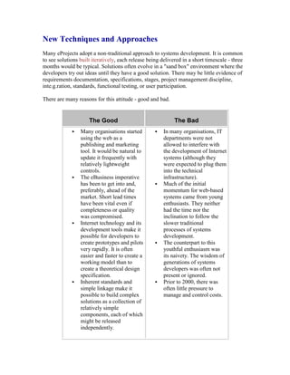 New Techniques and Approaches
Many eProjects adopt a non-traditional approach to systems development. It is common
to see solutions built iteratively, each release being delivered in a short timescale - three
months would be typical. Solutions often evolve in a "sand box" environment where the
developers try out ideas until they have a good solution. There may be little evidence of
requirements documentation, specifications, stages, project management discipline,
inte.g.ration, standards, functional testing, or user participation.
There are many reasons for this attitude - good and bad.
The Good The Bad
 Many organisations started
using the web as a
publishing and marketing
tool. It would be natural to
update it frequently with
relatively lightweight
controls.
 The eBusiness imperative
has been to get into and,
preferably, ahead of the
market. Short lead times
have been vital even if
completeness or quality
was compromised.
 Internet technology and its
development tools make it
possible for developers to
create prototypes and pilots
very rapidly. It is often
easier and faster to create a
working model than to
create a theoretical design
specification.
 Inherent standards and
simple linkage make it
possible to build complex
solutions as a collection of
relatively simple
components, each of which
might be released
independently.
 In many organisations, IT
departments were not
allowed to interfere with
the development of Internet
systems (although they
were expected to plug them
into the technical
infrastructure).
 Much of the initial
momentum for web-based
systems came from young
enthusiasts. They neither
had the time nor the
inclination to follow the
slower traditional
processes of systems
development.
 The counterpart to this
youthful enthusiasm was
its naivety. The wisdom of
generations of systems
developers was often not
present or ignored.
 Prior to 2000, there was
often little pressure to
manage and control costs.
 