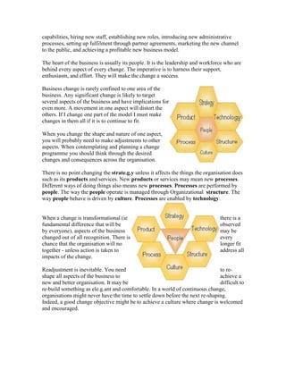 capabilities, hiring new staff, establishing new roles, introducing new administrative
processes, setting up fulfilment through partner agreements, marketing the new channel
to the public, and achieving a profitable new business model.
The heart of the business is usually its people. It is the leadership and workforce who are
behind every aspect of every change. The imperative is to harness their support,
enthusiasm, and effort. They will make the change a success.
Business change is rarely confined to one area of the
business. Any significant change is likely to target
several aspects of the business and have implications for
even more. A movement in one aspect will distort the
others. If I change one part of the model I must make
changes in them all if it is to continue to fit.
When you change the shape and nature of one aspect,
you will probably need to make adjustments to other
aspects. When contemplating and planning a change
programme you should think through the desired
changes and consequences across the organisation.
There is no point changing the strate.g.y unless it affects the things the organisation does
such as its products and services. New products or services may mean new processes.
Different ways of doing things also means new processes. Processes are performed by
people. The way the people operate is managed through Organizational structure. The
way people behave is driven by culture. Processes are enabled by technology.
When a change is transformational (ie there is a
fundamental difference that will be observed
by everyone), aspects of the business may be
changed out of all recognition. There is every
chance that the organisation will no longer fit
together - unless action is taken to address all
impacts of the change.
Readjustment is inevitable. You need to re-
shape all aspects of the business to achieve a
new and better organisation. It may be difficult to
re-build something as ele.g.ant and comfortable. In a world of continuous change,
organisations might never have the time to settle down before the next re-shaping.
Indeed, a good change objective might be to achieve a culture where change is welcomed
and encouraged.
 