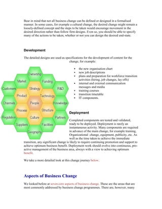 Bear in mind that not all business change can be defined or designed in a formalised
manner. In some cases, for example a cultural change, the desired change might remain a
loosely-defined concept and the steps to be taken would encourage movement in the
desired direction rather than follow firm designs. Even so, you should be able to specify
many of the actions to be taken, whether or not you can design the desired end-state.
Development
The detailed designs are used as specifications for the development of content for the
change, for example:
 the new organisation chart
 new job descriptions
 plans and preparation for workforce transition
activities (hiring, job changes, lay offs)
 internal and external communication
messages and media
 training courses
 transition timetable
 IT components.
Deployment
Completed components are tested and validated,
ready to be deployed. Deployment is rarely an
instantaneous activity. Many components are required
in advance of the main change, for example training,
Organizational change, equipment, publicity, etc. As
well as the time taken to achieve the immediate
transition, any significant change is likely to require continuing promotion and support to
achieve optimum business benefit. Deployment work should evolve into continuous, pro-
active management of the business area, always with a view to achieving optimum
benefit.
We take a more detailed look at this change journey below.
Aspects of Business Change
We looked before at seven core aspects of business change. These are the areas that are
most commonly addressed by business change programmes. There are, however, many
 