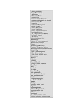 Change Programmes
Change Request Form
Change Styles
Collaborative Teams
Communication
Communication (within team)
Communication Channels and Methods
Communications Plan
Complexity
Configuration Management
Contract Checklist
Contract Management
Contract Ne.g.otiation
Contract Terms and Conditions
Control and Reporting
Core Aspects of Business Change
Cost/Benefit Analysis
CPM Network
Deliverable-focused Plan
Dependencies
Diagram of Project Management
Differences in an eProject
Disputes
Distressed Cost Reduction
Document Management Systems
Documentation Management and Control
Earned Value
Earned Value Terminology
Effort - drivers of effort
Effort - factors affecting effort
Environments
eProjects
Estimating
Feedback
Financial Control
Financial Progress Reporting
Gantt Charts
Help!
Introduction
ISO-900x
Issue Control Log
Issue Management
Issue Management Process
Issue Submission Form
Iteration
Knowledge Repository
Level of Detail in Plans
MBWA
Meetings
Meetings - Project Team
Migration
Migration Diagram
Milestone Progress Chart
Milestone-focused plan
Milestones
Mobilisation
Ne.g.otiating Contract Terms
Nineteen Aspects of Business Change
 