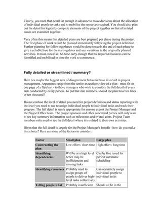 Clearly, you need that detail far enough in advance to make decisions about the allocation
of individual people to tasks and to mobilise the resources required. You should also plan
out the detail for logically complete elements of the project together so that all related
issues are examined together.
Very often this means that detailed plans are best prepared per phase during the project.
The first phase of work would be planned immediately following the project definition.
Further planning for following phases would be done towards the end of each phase to
give a reliable base for the starting dates and any variations in the originally planned
activities. It must, however, be done early enough that the required resources can be
identified and mobilised in time for work to commence.
Fully detailed or streamlined / summary?
Here lies maybe the biggest area of disagreement between those involved in project
management. Arguments range from the senior executive's view of a plan - must fit on
one page of a flipchart - to those managers who wish to consider the full detail of every
task conducted by every person. To put that into numbers, should the plan have ten lines
or ten thousand?
Do not confuse the level of detail you need for project definition and status reporting with
the level you need to use to assign individual people to individual tasks and track their
progress. The full detail is rarely appropriate for anyone except the Project Manager and
the Project Office team. The project sponsors and other concerned parties will only want
to see key summary information such as milestones and overall costs. Project Team
members only need to see the full detail where it is related to their own activities.
Given that the full detail is largely for the Project Manager's benefit - how do you make
that choice? Here are some of the factors to consider:
Factor Small plan Large plan
Constructing the
plan
Low effort / short time High effort / long time
Identifying
dependencies
Will be at a high level
hence may be
inefficiencies and
missing links
Can be fine tuned for
perfect automatic
scheduling
Identifying resources Probably need to
assign groups of
people to deliver high-
level tasks collectively
Can accurately assign
individual people to
individual tasks
Telling people what Probably insufficient Should all be in the
 