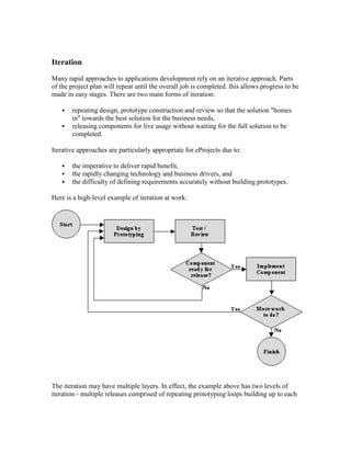 Iteration
Many rapid approaches to applications development rely on an iterative approach. Parts
of the project plan will repeat until the overall job is completed. this allows progress to be
made in easy stages. There are two main forms of iteration:
 repeating design, prototype construction and review so that the solution "homes
in" towards the best solution for the business needs,
 releasing components for live usage without waiting for the full solution to be
completed.
Iterative approaches are particularly appropriate for eProjects due to:
 the imperative to deliver rapid benefit,
 the rapidly changing technology and business drivers, and
 the difficulty of defining requirements accurately without building prototypes.
Here is a high-level example of iteration at work:
The iteration may have multiple layers. In effect, the example above has two levels of
iteration - multiple releases comprised of repeating prototyping loops building up to each
 