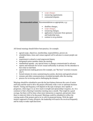  scope changes
 resourcing requirements
 contractual disputes
Recommended actions Recommendations as appropriate, e.g.:
 deadline changes,
 scope changes,
 resourcing changes,
 application of pressure from sponsors
and leadership team,
 contract re-ne.g.otiation
All formal meetings should follow best-practice, for example:
 agreed scope, objectives, membership, responsibilities, powers etc
 scheduled dates, times and venues (agreed well in advance to ensure people can
attend)
 requirement to attend or send empowered deputy
 designated senior member chairs the meeting
 standardised agenda - any special items or changes communicated in advance
 reports and materials for review issued sufficiently in advance for the attendees to
have time to read them
 agreed decision making process (for example, can "the boss" overrule everyone
else?)
 formal minutes (ie notes summarising key points, decisions and agreed actions)
 minutes and other communications circulated promptly after the meeting
 process for reviewing and/or challenging the minutes.
Meetings should be scheduled to provide the best balance between the costs of senior
staff time and the need to drive the project efficiently with a view to optimum business
benefit. Timing and frequency will depend on the type of project, how rapidly it
progresses, what stage it is at, how much oversight and sponsorship it requires, etc. It is
common to find a Steering Committee meeting once a month. That might be a good
average, but there will be times when more interaction is required, and periods when
there is relatively little to be discussed. Meetings could be scheduled to reflect the
varying needs of the project and to tie in with its projected timing. With the rapid
iterative approach of many eProjects, the leadership will need to be involved frequently
and be ready to make rapid decisions.
 