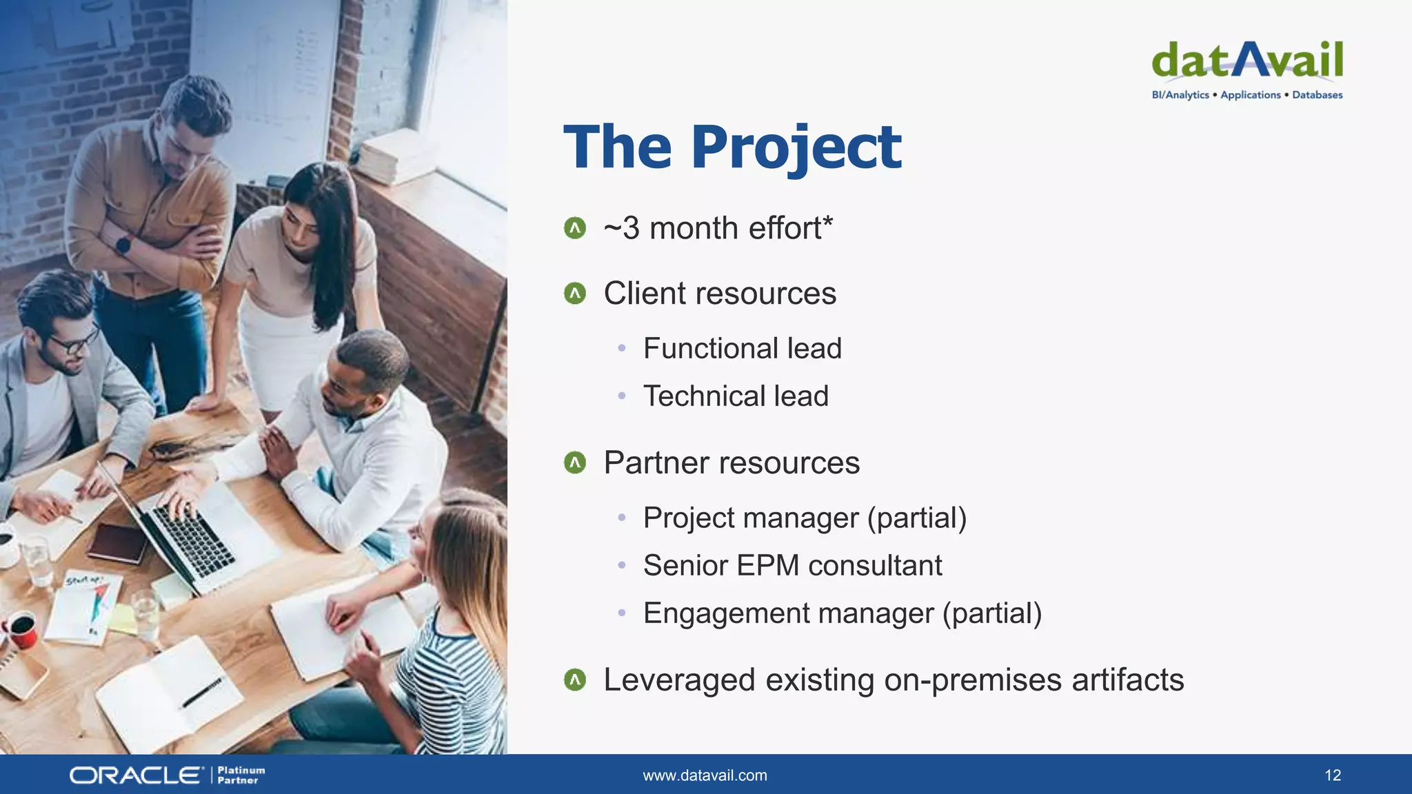 www.datavail.com 12
~3 month effort*
Client resources
• Functional lead
• Technical lead
Partner resources
• Project manager (partial)
• Senior EPM consultant
• Engagement manager (partial)
Leveraged existing on-premises artifacts
The Project
 