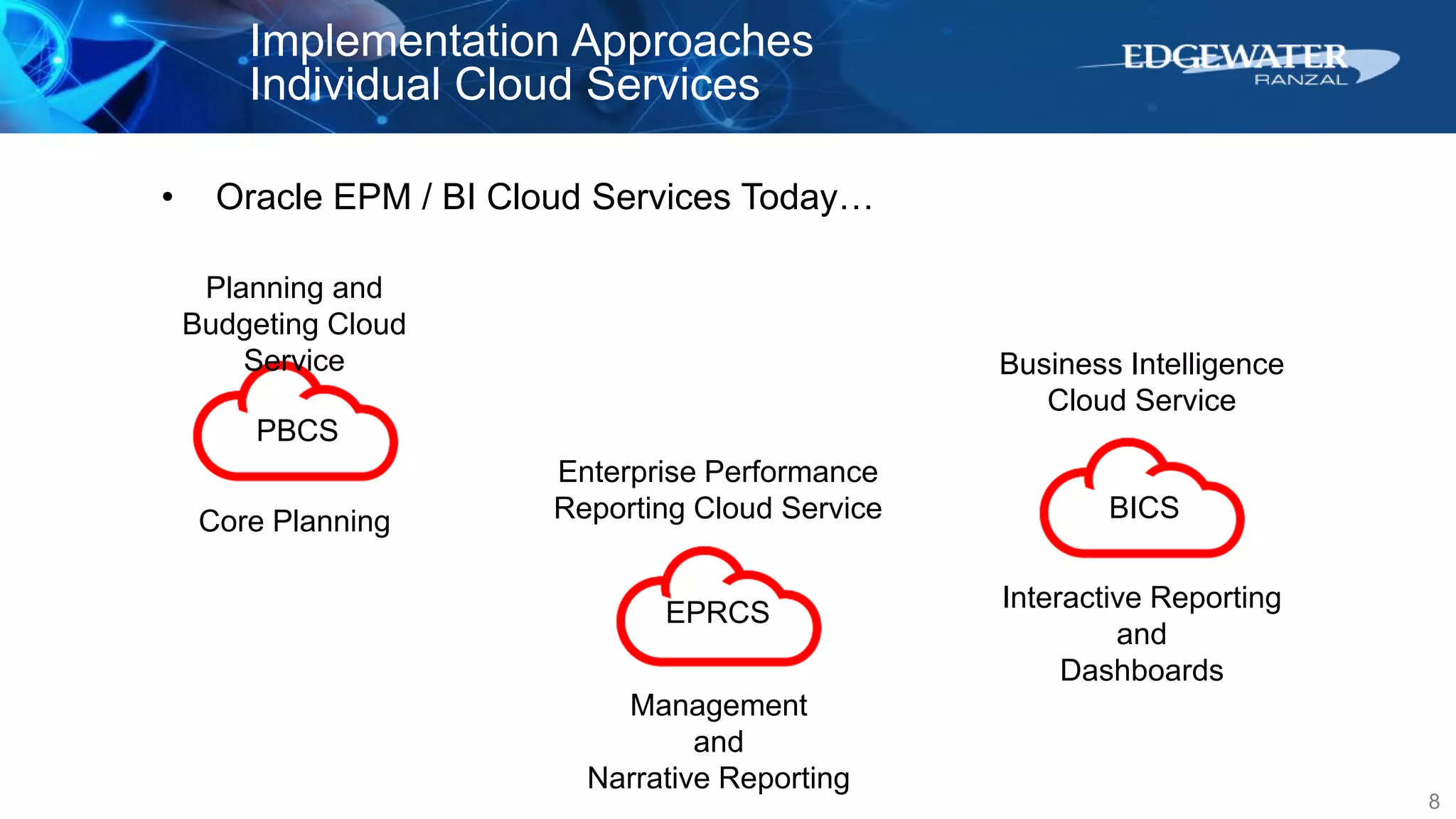 8
Implementation Approaches
Individual Cloud Services
• Oracle EPM / BI Cloud Services Today…
PBCS
Core Planning
Planning and
Budgeting Cloud
Service
EPRCS
Management
and
Narrative Reporting
Enterprise Performance
Reporting Cloud Service BICS
Interactive Reporting
and
Dashboards
Business Intelligence
Cloud Service
 