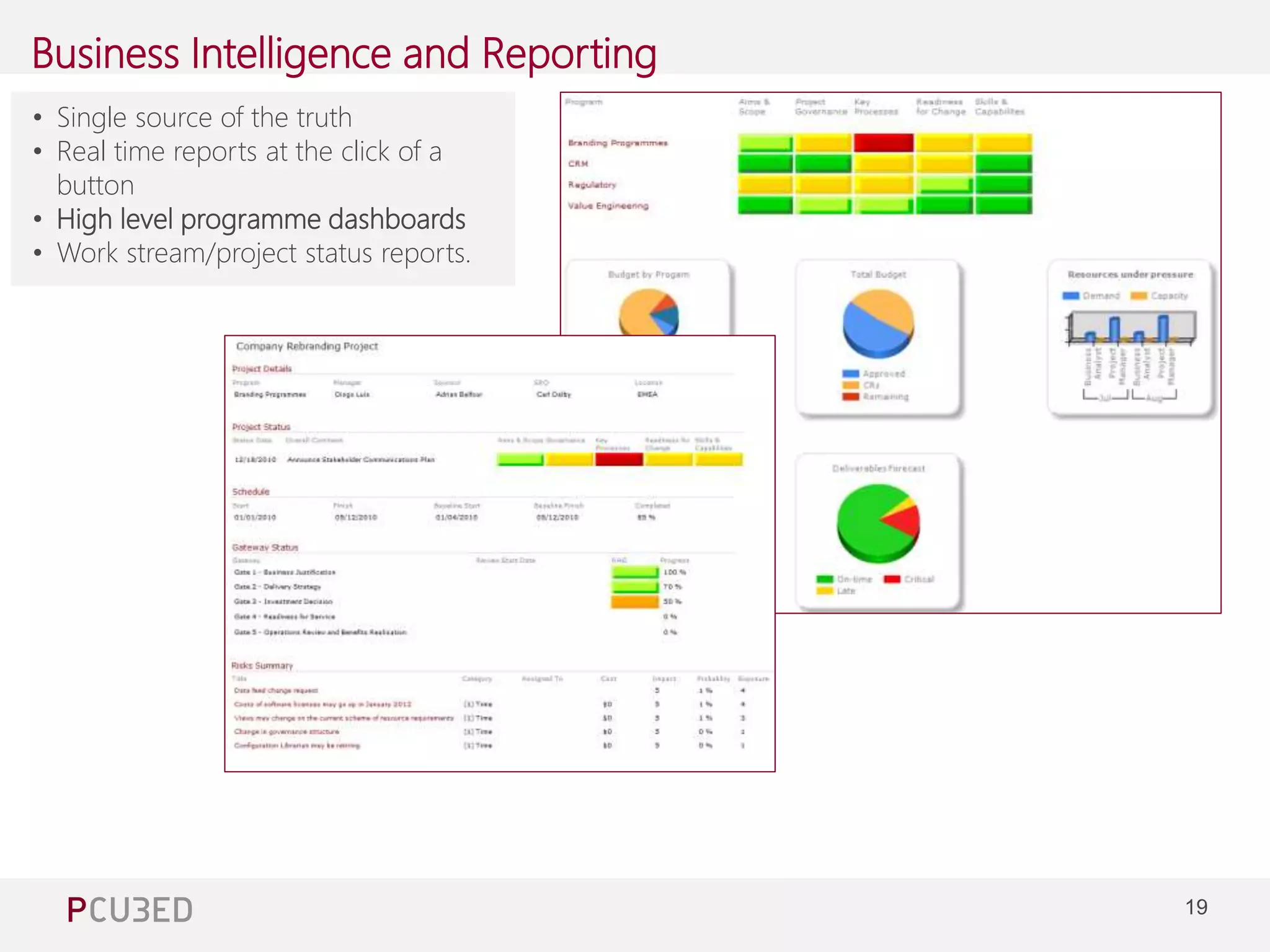 19 
Business Intelligence and Reporting 
• Single source of the truth 
• Real time reports at the click of a 
button 
• High level programme dashboards 
• Work stream/project status reports. 
Managing Consultant at Pcubed – 4 years of Project and 
Project Server experience 
 