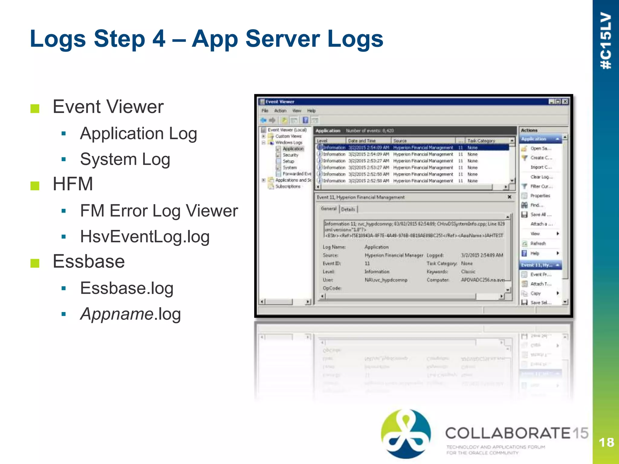 ■ Event Viewer
▪ Application Log
▪ System Log
■ HFM
▪ FM Error Log Viewer
▪ HsvEventLog.log
■ Essbase
▪ Essbase.log
▪ Appname.log
Logs Step 4 – App Server Logs
 