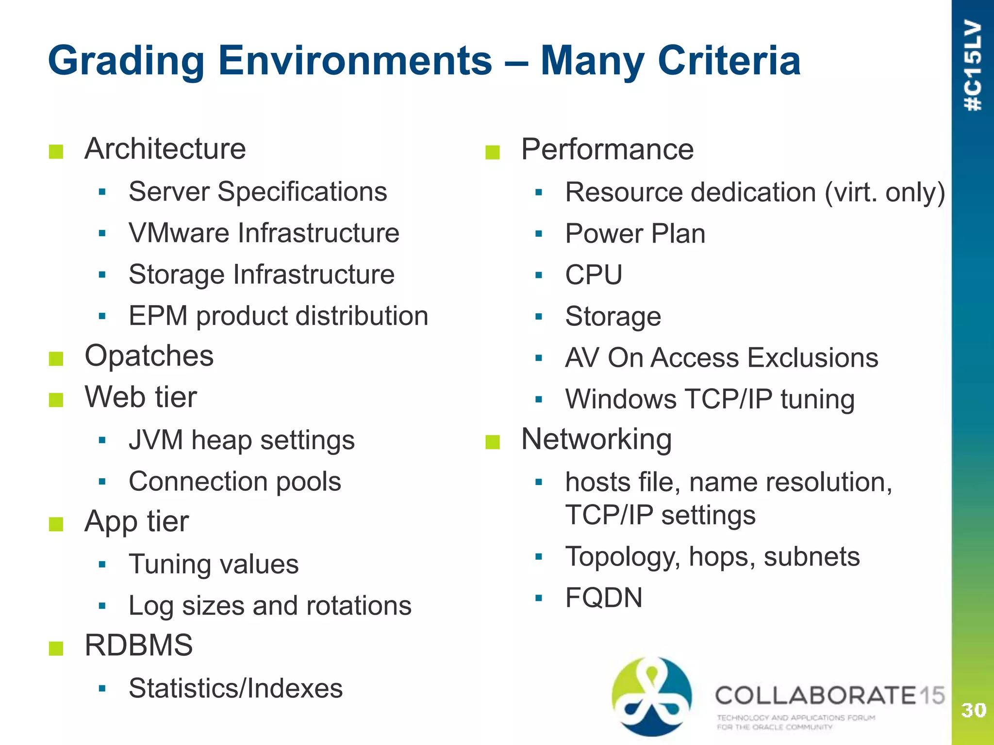 Stability
■ How often do you restart services?
■ How about rebooting servers?
■ History
▪ Consistency of process, logs over time, routines….
▪ Evaluate Starter logs
■ Some services are susceptible to abuse
▪ Financial Reporting
▪ Planning – web forms, SmartView
▪ EAS
■ Essbase – often don’t realize there are issues
▪ xcp files
▪ Graceful shutdowns – check both Essbase and app logs
 