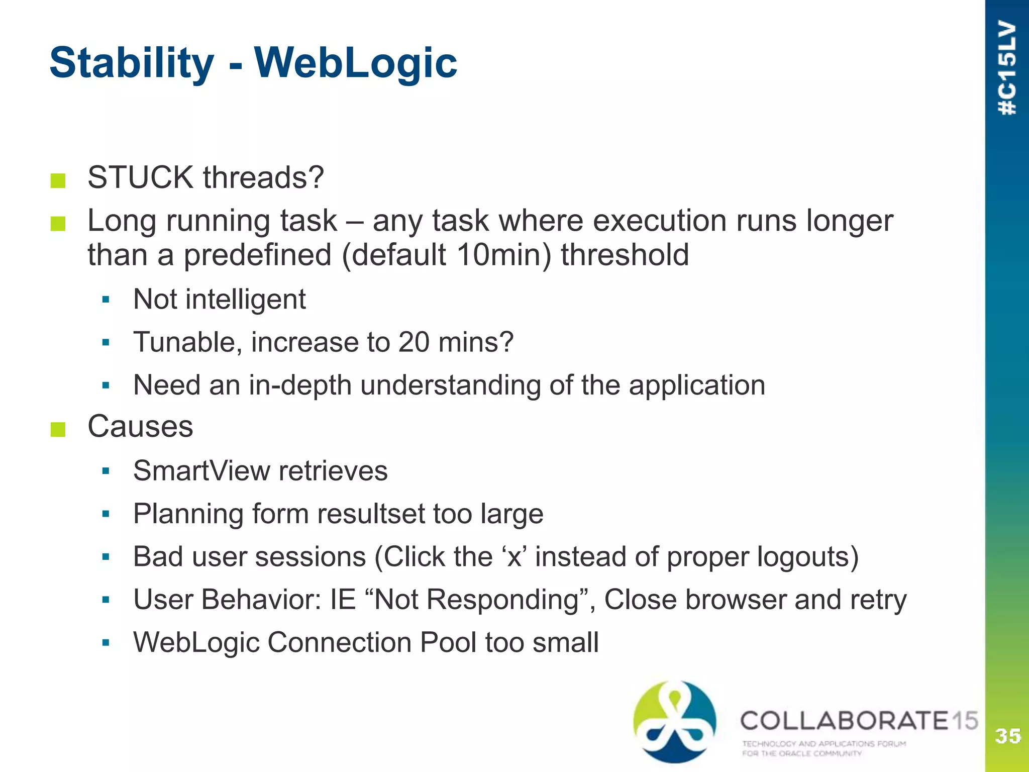 Sample Infrastructure Review
Review Summary of 26 major criteria across all Production EPM servers
CUSTOMER: American multinational food and beverage company
Considering correctness, stability, performance,
what kind of shape is my EPM environment in?
 