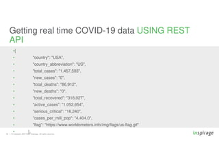 © Copyright 2007-2020 Inspirage. All rights reserved.32
•{
• "country": "USA",
• "country_abbreviation": "US",
• "total_cases": "1,457,593",
• "new_cases": "0",
• "total_deaths": "86,912",
• "new_deaths": "0",
• "total_recovered": "318,027",
• "active_cases": "1,052,654",
• "serious_critical": "16,240",
• "cases_per_mill_pop": "4,404.0",
• "flag": "https://www.worldometers.info/img/flags/us-flag.gif"
• },
Getting real time COVID-19 data USING REST
API
 