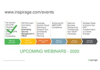 © Copyright 2007-2020 Inspirage. All rights reserved.
UPCOMING WEBINARS - 2020
May 21
11am EDT
ODTUG Learn
from Home
Series:
Automating
Security
Management in
PBCS
May 21 2pm
EDT
Leverage
Oracle’s Cloud
Planning to
Enhance Your
JD Edwards
Demand
Planning
May 27
1pm BST
Achieving EU
MDR/IVDR
Compliance
June 3
1pm BST
Optimize
Business
Decisions by
Transforming
Your S&OP
Processes
June 24
1pm BST
Strategic Steps
to Ensure Your
ERP
Transformation
is a Game
Changer
www.inspirage.com/events
Get Started
with EPM
Integration
Agent and
Unleash EPM
Cloud
Possibilities
May 20
1pm EDT
36
 
