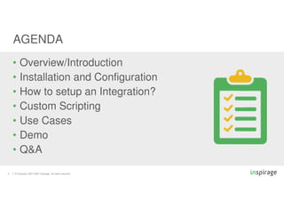 © Copyright 2007-2020 Inspirage. All rights reserved.5
• Overview/Introduction
• Installation and Configuration
• How to setup an Integration?
• Custom Scripting
• Use Cases
• Demo
• Q&A
AGENDA
 