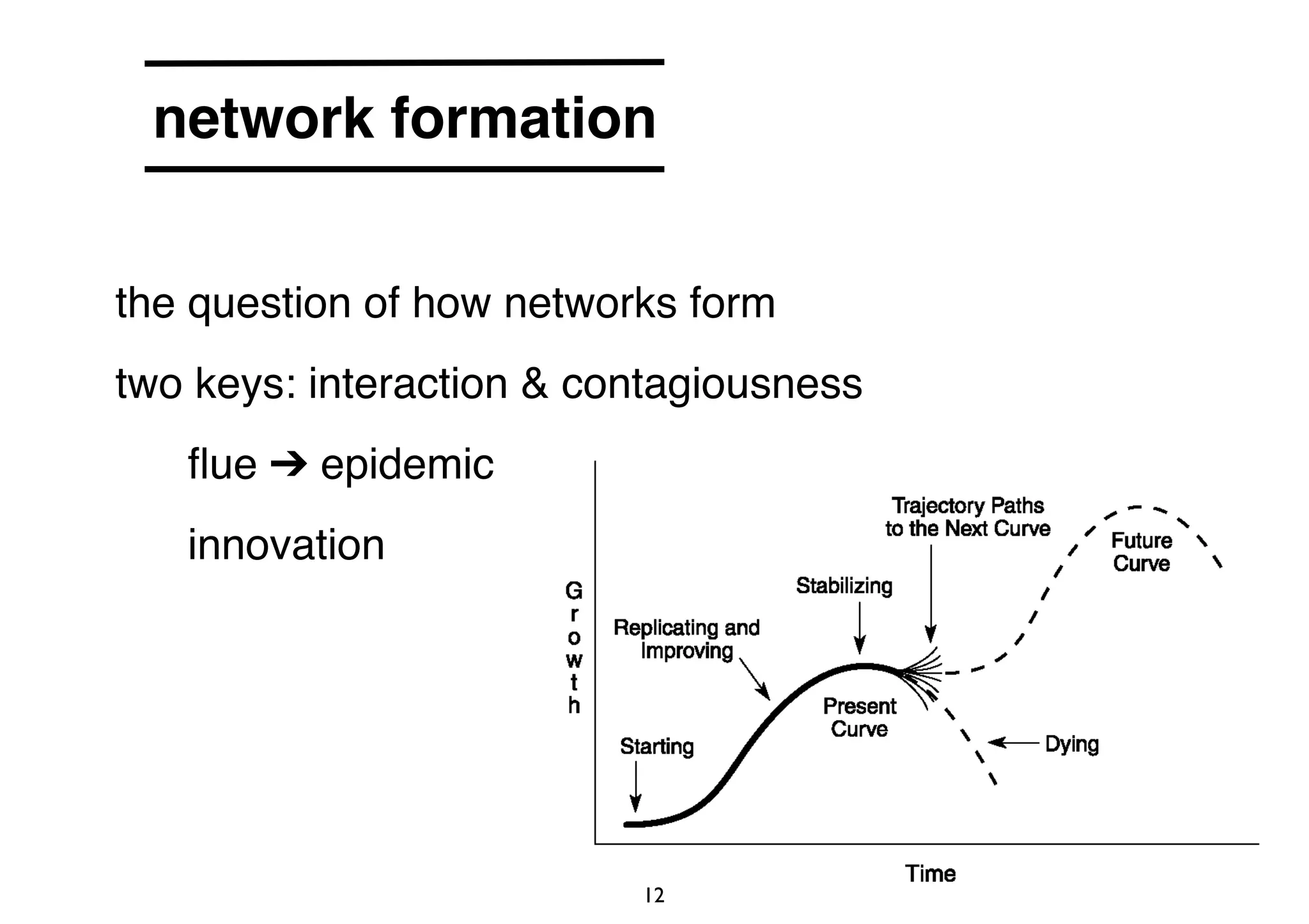 network formation 
• the question of how networks form 
• two keys: interaction & contagiousness 
• flue ➔ epidemic 
• innovation 
12 
 