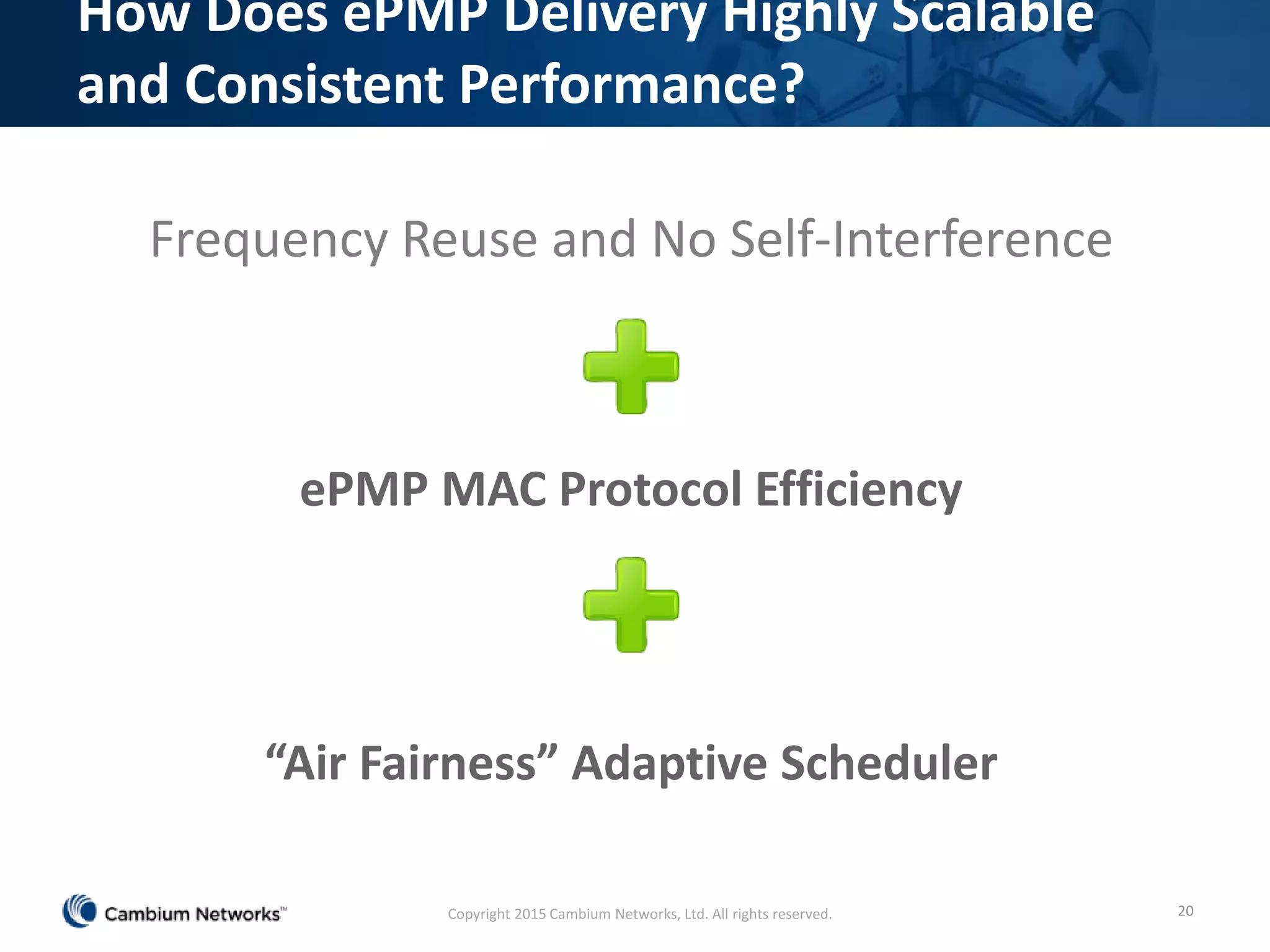 How Does ePMP Delivery Highly Scalable
and Consistent Performance?
ePMP MAC Protocol Efficiency
“Air Fairness” Adaptive Scheduler
20
Frequency Reuse and No Self-Interference
Copyright 2015 Cambium Networks, Ltd. All rights reserved.
 
