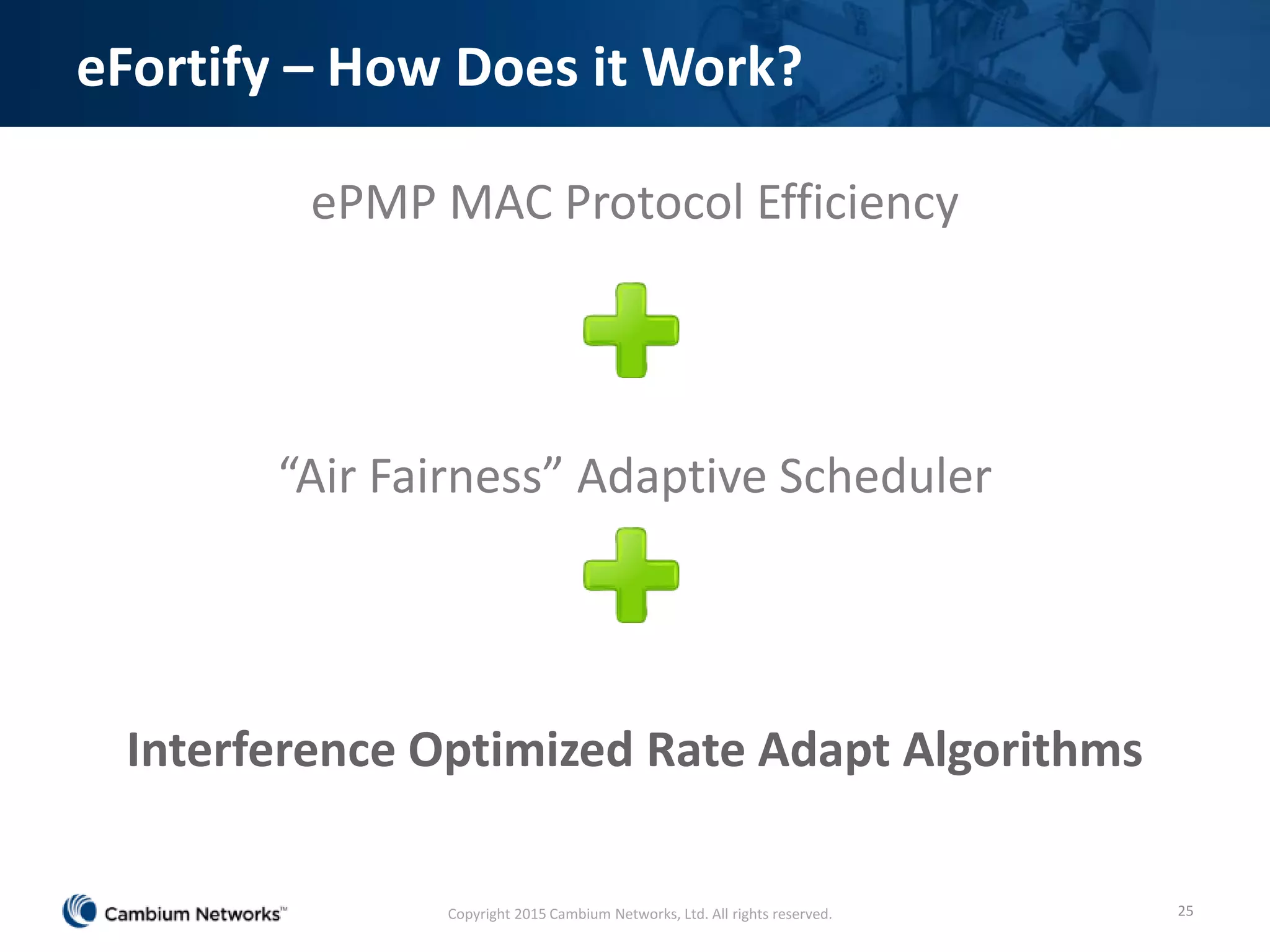 eFortify – How Does it Work?
ePMP MAC Protocol Efficiency
“Air Fairness” Adaptive Scheduler
Interference Optimized Rate Adapt Algorithms
25Copyright 2015 Cambium Networks, Ltd. All rights reserved.
 