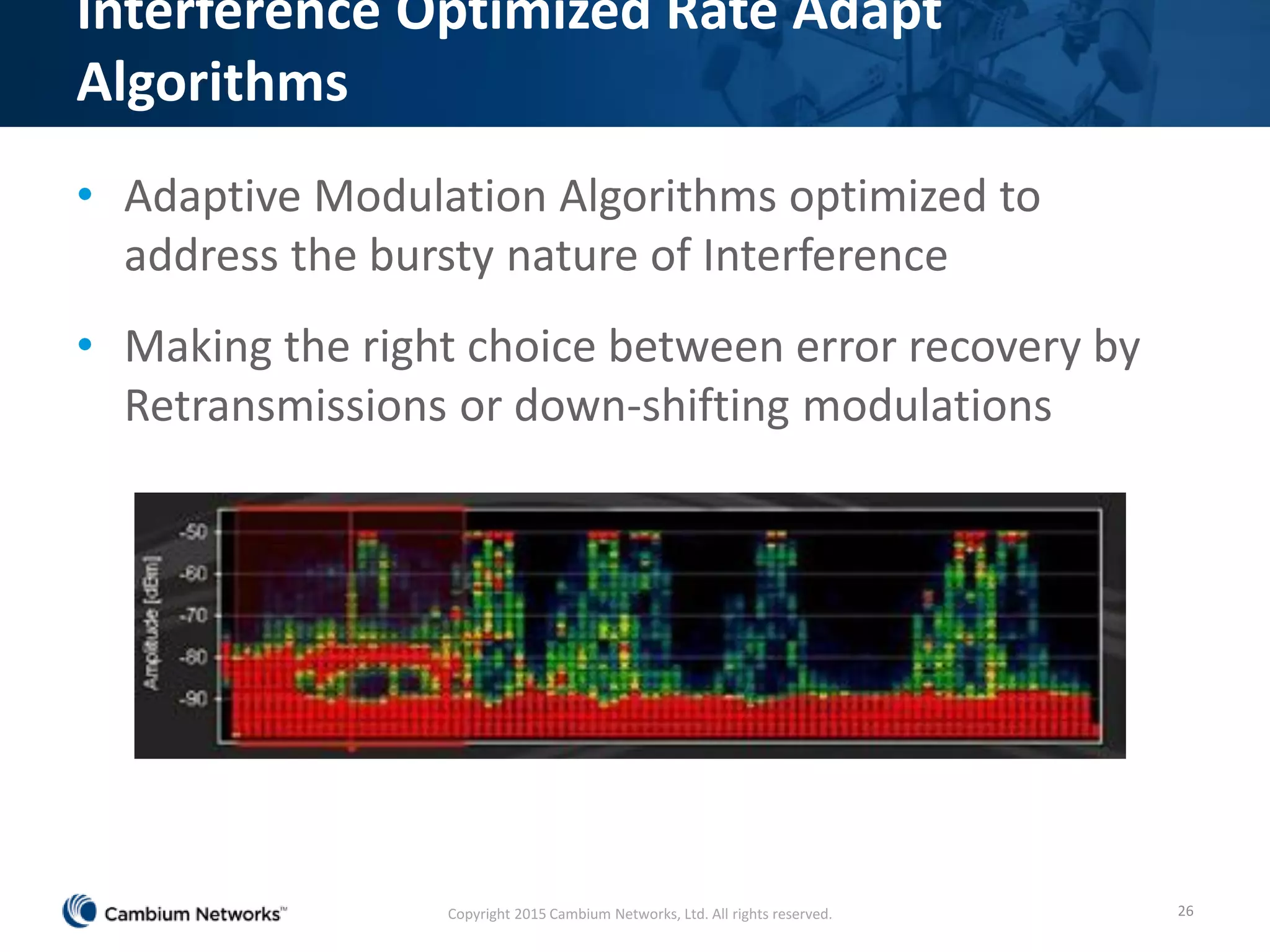 Interference Optimized Rate Adapt
Algorithms
• Adaptive Modulation Algorithms optimized to
address the bursty nature of Interference
• Making the right choice between error recovery by
Retransmissions or down-shifting modulations
26Copyright 2015 Cambium Networks, Ltd. All rights reserved.
 