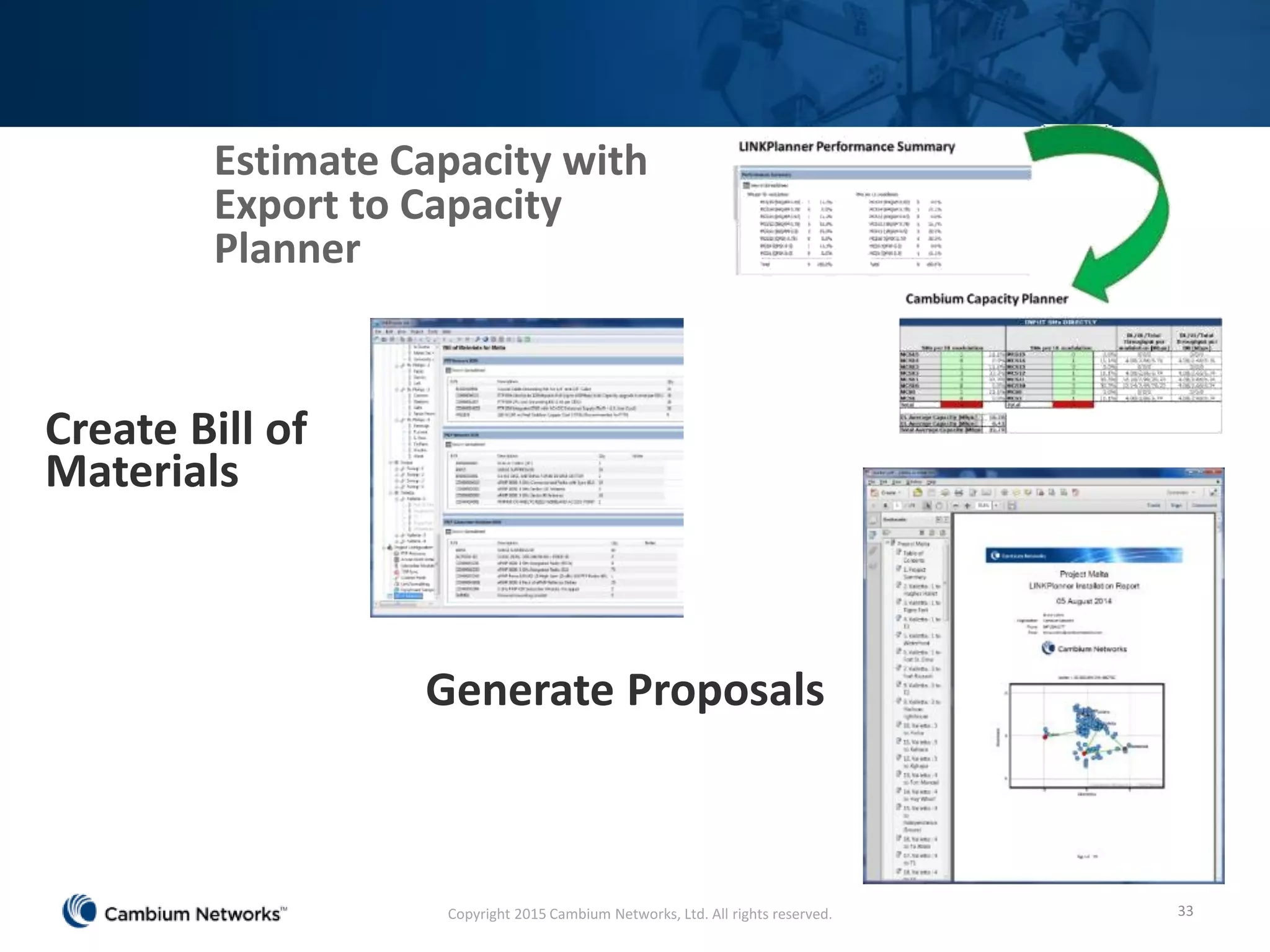 Estimate Capacity with
Export to Capacity
Planner
33
Create Bill of
Materials
Generate Proposals
Copyright 2015 Cambium Networks, Ltd. All rights reserved.
 