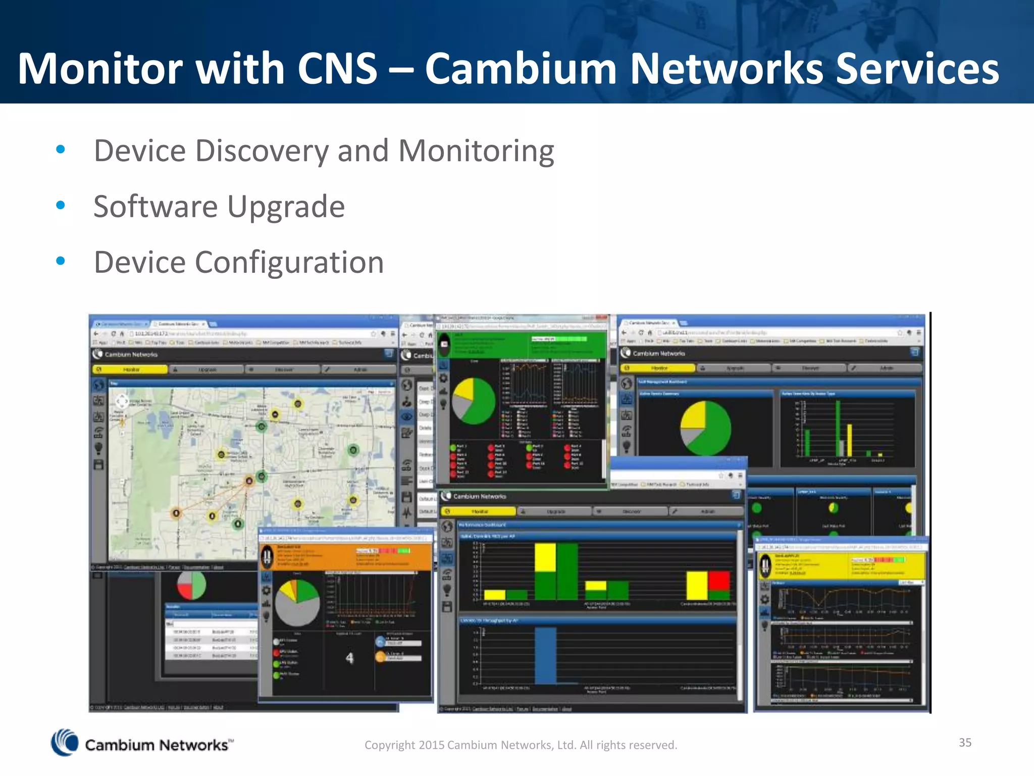 Monitor with CNS – Cambium Networks Services
• Device Discovery and Monitoring
• Software Upgrade
• Device Configuration
35Copyright 2015 Cambium Networks, Ltd. All rights reserved.
 