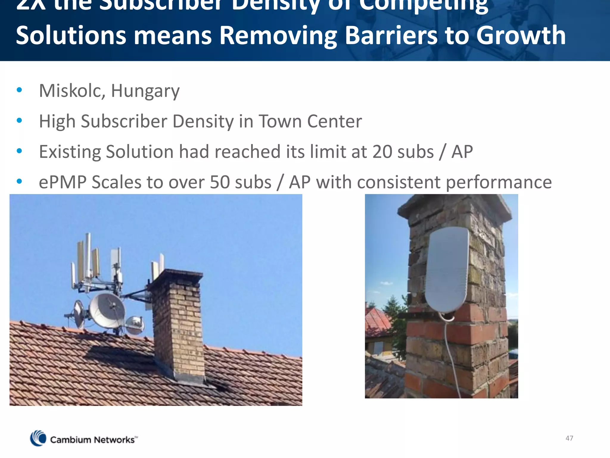 • Miskolc, Hungary
• High Subscriber Density in Town Center
• Existing Solution had reached its limit at 20 subs / AP
• ePMP Scales to over 50 subs / AP with consistent performance
47
2X the Subscriber Density of Competing
Solutions means Removing Barriers to Growth
 