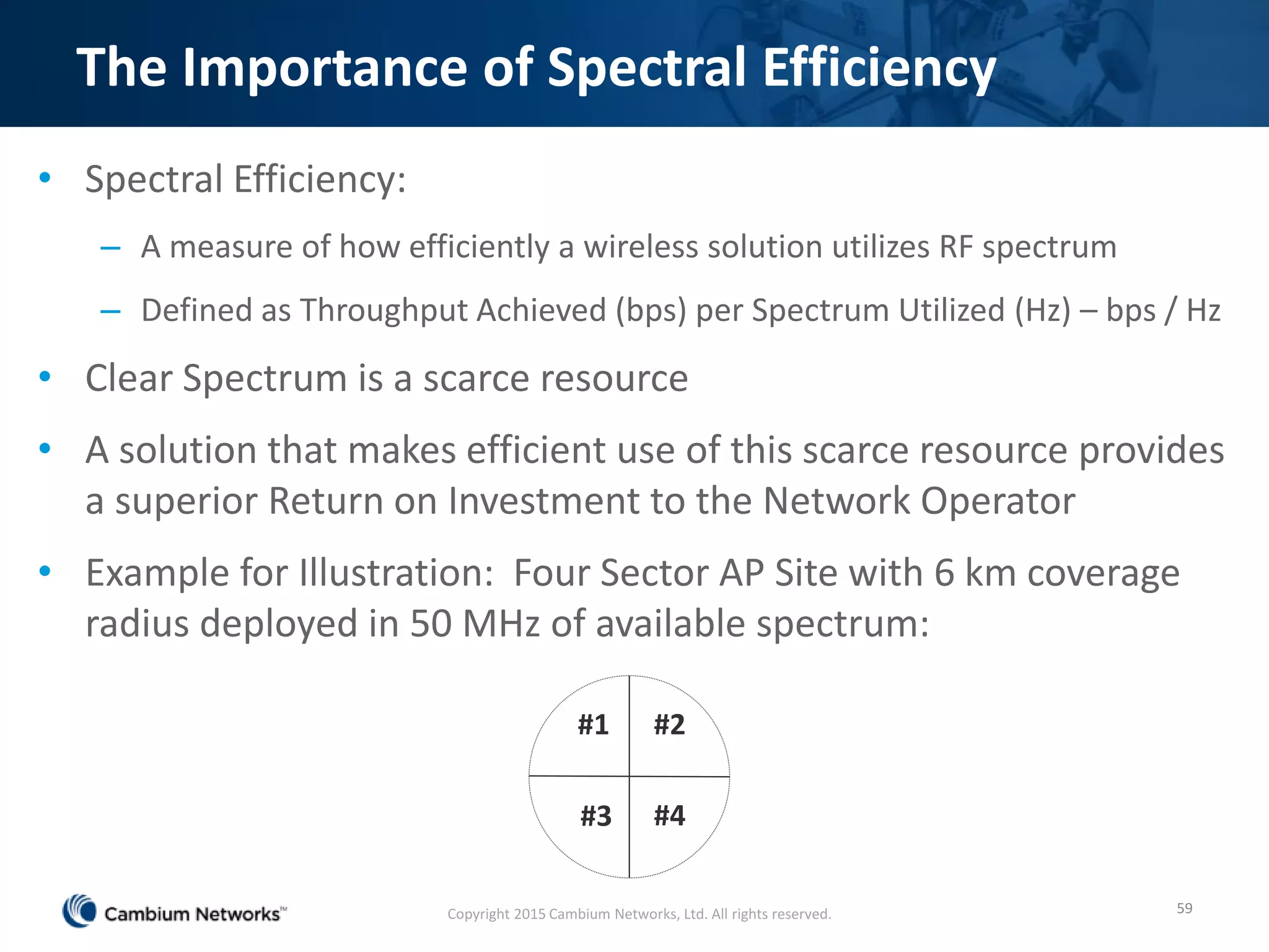 The Importance of Spectral Efficiency
• Spectral Efficiency:
– A measure of how efficiently a wireless solution utilizes RF spectrum
– Defined as Throughput Achieved (bps) per Spectrum Utilized (Hz) – bps / Hz
• Clear Spectrum is a scarce resource
• A solution that makes efficient use of this scarce resource provides
a superior Return on Investment to the Network Operator
• Example for Illustration: Four Sector AP Site with 6 km coverage
radius deployed in 50 MHz of available spectrum:
#3
#1
#4
#2
59Copyright 2015 Cambium Networks, Ltd. All rights reserved.
 
