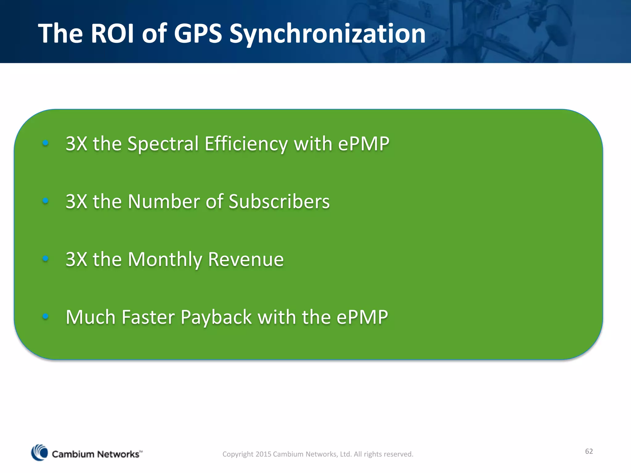 The ROI of GPS Synchronization
• 3X the Spectral Efficiency with ePMP
• 3X the Number of Subscribers
• 3X the Monthly Revenue
• Much Faster Payback with the ePMP
62Copyright 2015 Cambium Networks, Ltd. All rights reserved.
 