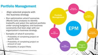 Portfolio Management
• Align selected projects with
the business strategy
• Run optimization what-if scenarios
(Monte Carlo analysis) to identify
tradeoffs and select the optimal portfolio
under varying budgetary and business
constraints that best align with our
organization’s business strategy.
• Samples of what-if scenarios :
• Probability of completing project on
specific date
• Probability of completing project on
amount of cost
• Probability of project Risks
EPM
Resource
Management
Project
Management
Financial
Management
Resource &
HR
Management
Time
Management
Risk
Management
Portfolio
Management
Prepare By Mousa M Bawadi , Consolidated Consultants Group
 