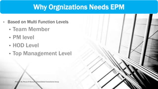 Why Orgnizations Needs EPM
• Based on Multi Function Levels
• Team Member
• PM level
• HOD Level
• Top Management Level
Prepare By Mousa M Bawadi , Consolidated Consultants Group
 