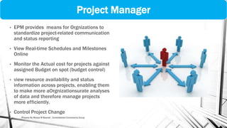 Project Manager
• EPM provides means for Orgnizations to
standardize project-related communication
and status reporting
• View Real-time Schedules and Milestones
Online
• Monitor the Actual cost for projects against
assigned Budget on spot (budget control)
• view resource availability and status
information across projects, enabling them
to make more aOrgnizationsurate analyses
of data and therefore manage projects
more efficiently.
• Control Project Change
Prepare By Mousa M Bawadi , Consolidated Consultants Group
 