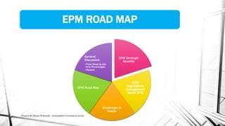 EPM ROAD MAP
EPM Strategic
Benefits
WHY
Orgnizations
management
Needs EPM
Challenges &
Needs
EPM Road Map
General
Discussion
•Time Sheet & idle
time Percentages
•Rework
Prepare By Mousa M Bawadi , Consolidated Consultants Group
 