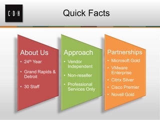 Quick Facts

About Us

Approach

Partnerships

• 24th Year

• Vendor
Independent

• Microsoft Gold

• Grand Rapids &
Detroit

• Non-reseller

• 30 Staff

• Professional
Services Only

• VMware
Enterprise
• Citrix Silver
• Cisco Premier
• Novell Gold

 
