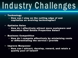 Technology How can I stay on the cutting edge of and capitalize on evolving technologies? Optimize Sales How do I effectively attract more customers and maximize Real Estate Properties Sales? Business Competition How do I compete effectively by minimizing costs or differentiating the service I provide Improve Manpower How can I attract, develop, reward, and retain a quality pool of talent? Industry Challenges 