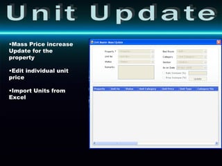 Unit Update Mass Price   increase   Update for the property Edit individual unit price Import Units from Excel 