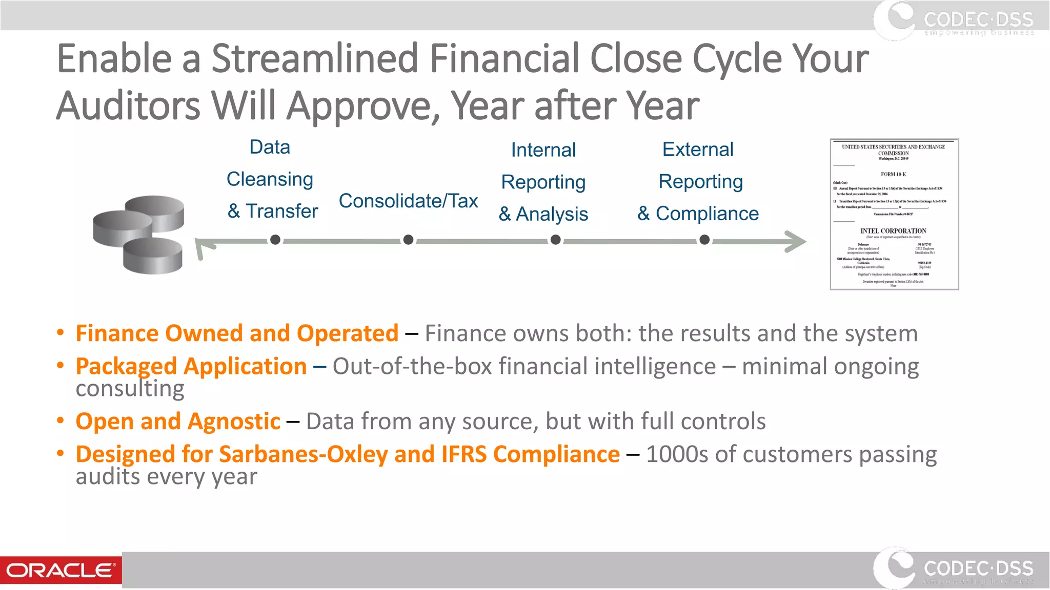 Enable a Streamlined Financial Close Cycle Your
Auditors Will Approve, Year after Year
• Finance Owned and Operated – Finance owns both: the results and the system
• Packaged Application – Out-of-the-box financial intelligence – minimal ongoing
consulting
• Open and Agnostic – Data from any source, but with full controls
• Designed for Sarbanes-Oxley and IFRS Compliance – 1000s of customers passing
audits every year
Data
Cleansing
& Transfer
Consolidate/Tax
Internal
Reporting
& Analysis
External
Reporting
& Compliance
www.codecdss.ie © Codec-dss 2016
11
 