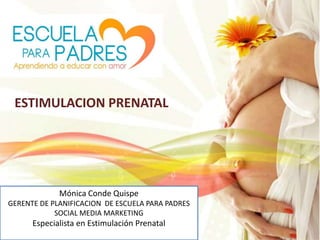 ESTIMULACION PRENATAL

Mónica Conde Quispe
GERENTE DE PLANIFICACION DE ESCUELA PARA PADRES
SOCIAL MEDIA MARKETING

Especialista en Estimulación Prenatal

 