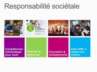 Compétences Aider ASBL à
informatique Stimuler le Innovation & réaliser leur
pour tous! télétravail entreprenariat mission