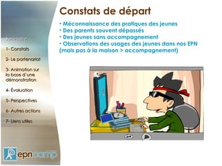 Constats de départ Méconnaissance des pratiques des jeunes Des parents souvent dépassés Des jeunes sans accompagnement Observations des usages des jeunes dans nos EPN (mais pas à la maison > accompagnement) Sommaire 1- Constats 2- Le partenariat 3- Animation sur  la base d’une démonstration 4- Évaluation 5- Perspectives 6- Autres actions 7- Liens utiles Sommaire 1- Constats 2-  