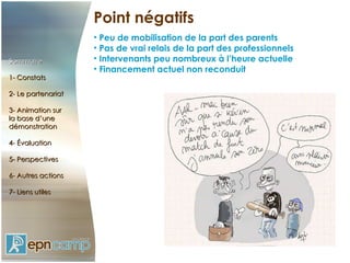 Point négatifs Peu de mobilisation de la part des parents Pas de vrai relais de la part des professionnels Intervenants peu nombreux à l’heure actuelle Financement actuel non reconduit Sommaire 1- Constats 2- Le partenariat 3- Animation sur  la base d’une démonstration 4- Évaluation 5- Perspectives 6- Autres actions 7- Liens utiles 