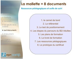 La mallette = 8 documents
                        Ressources pédagogiques et outils de suivi

Sommaire

1- Contexte

2- Les publics                              1. le carnet de bord
3- Les ojectifs de la                         2. Le référentiel
mallette
                                        3. Le test de positionnement
4- Les 8 documents
                                 4. Les étapes du parcours du B2i Adultes
5- 2 documents                           5. Les plans de formation
pivots
                                          6. Le livret de formation
6- Appel à
contribution                         7. Les ressources pédagogiques
                                        8. Le prototype du certificat
 