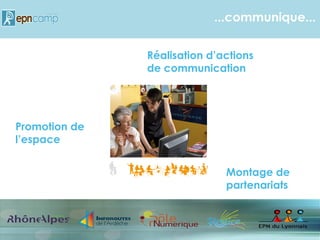 ...communique...
Réalisation d’actions
de communication
Promotion de
l’espace
Montage de
partenariats