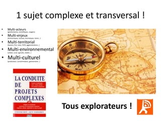 1 sujet complexe et transversal !
•   Multi-acteurs
    (gestionnaires, scientifiques, usagers)

•   Multi-enjeux
    (économiques, sociaux, touristiques, loisirs…)

•   Multi-territorial
    (bassins, PLU, sites, PAYS, agglomérations…)

• Multi-environnemental
    (urbain, rural, agricole, citadin…)


• Multi-culturel
    (producteur, consommateur, gestionnaire…)




                                                     Tous explorateurs !
 