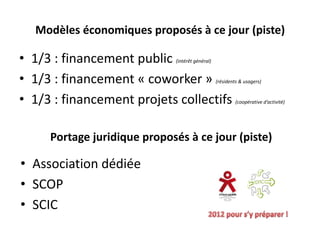 Modèles économiques proposés à ce jour (piste)

• 1/3 : financement public   (intérêt général)


• 1/3 : financement « coworker »                 (résidents & usagers)


• 1/3 : financement projets collectifs                    (coopérative d’activité)




     Portage juridique proposés à ce jour (piste)

• Association dédiée
• SCOP
• SCIC
 