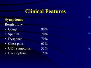 Clinical Features Symptoms Respiratory Cough  90% Sputum 70% Dyspnoea 70% Chest pain 65% URT symptoms 33% Haemoptysis 15% 