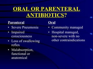 ORAL OR PARENTERAL ANTIBIOTICS ? Parenteral Severe Pneumonia Impaired consciousness Loss of swallowing reflex Malabsorption, functional or anatomical Oral Community managed Hospital managed, non-severe with no other contraindications 